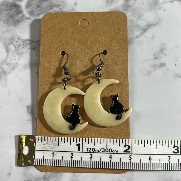 Handcrafted Fish Hook Glow in the Dark Cat on the Moon Dangle Earrings - Picture 2 of 5